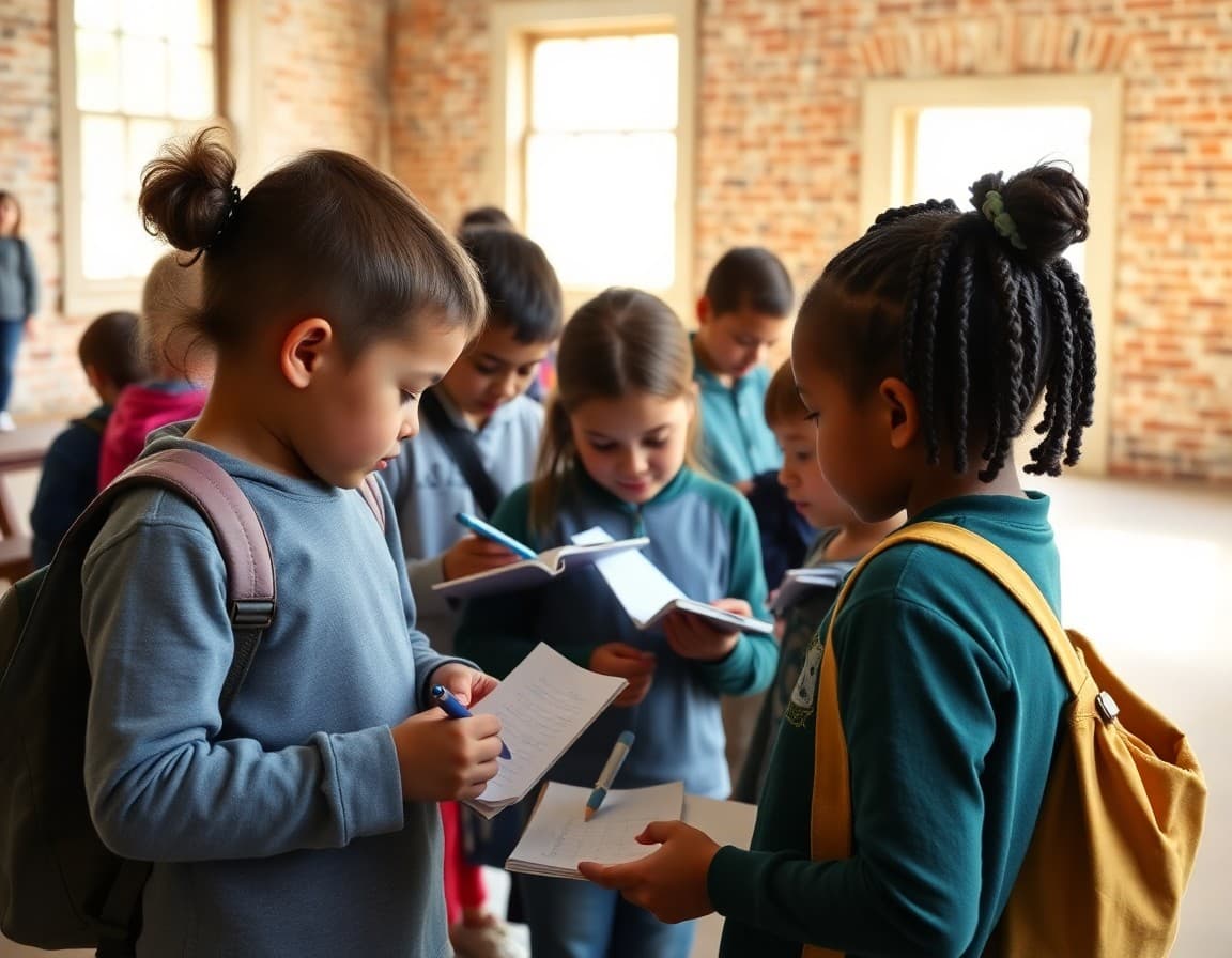 Children taking notes and sketching at a colonial-era historical building during a class visit
