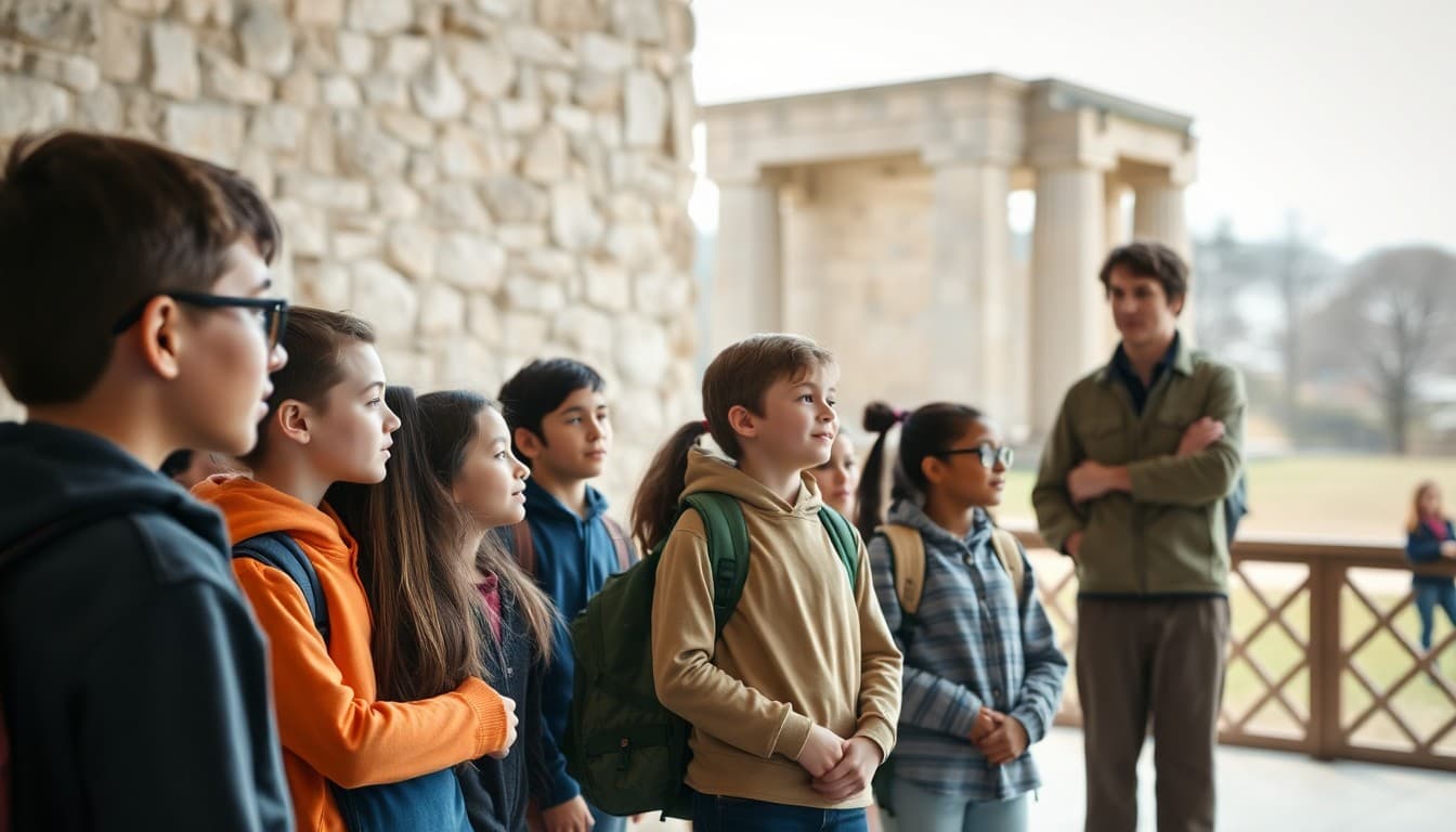 Students listening to a park ranger at a historical monument during a school field trip