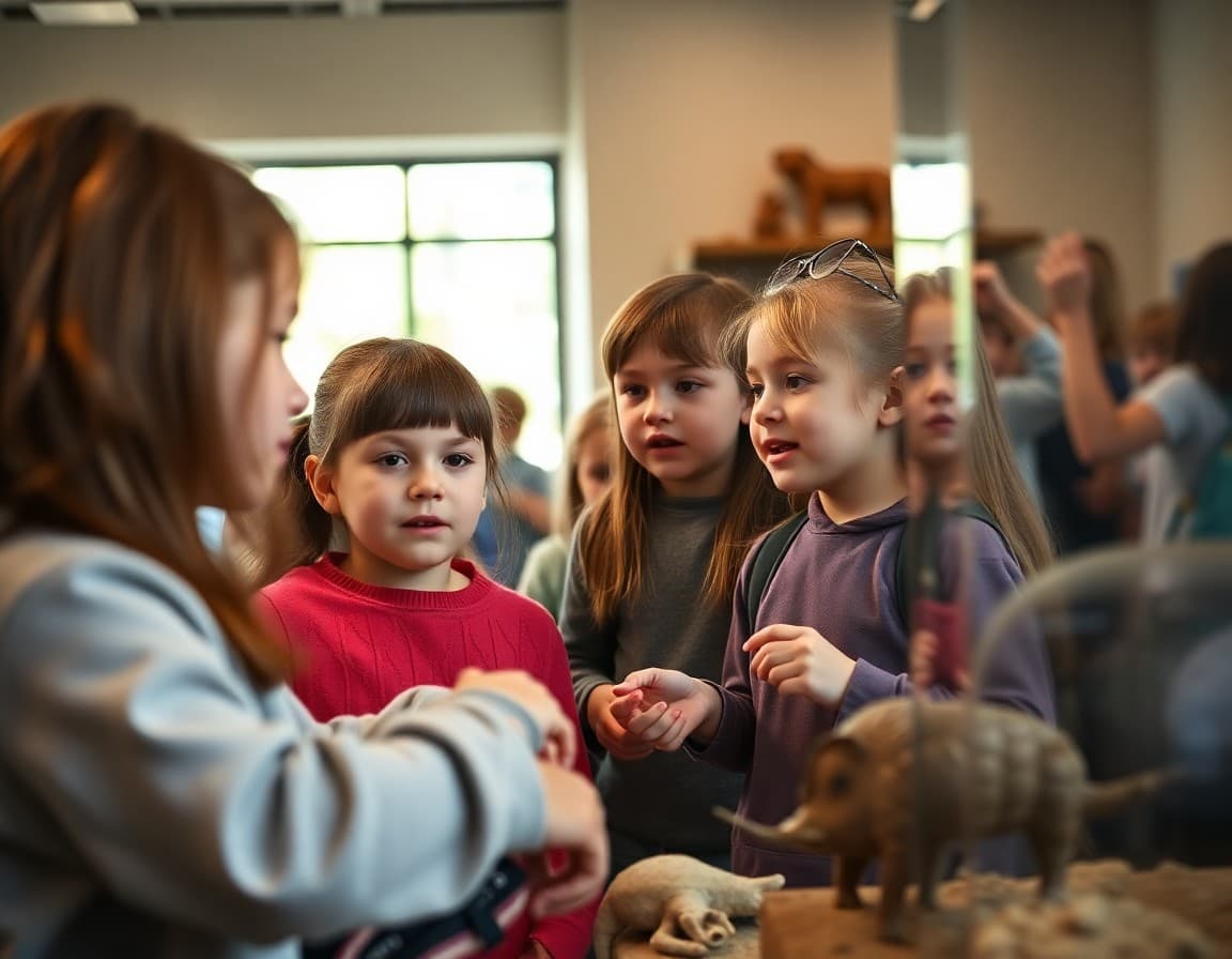 Elementary students exploring a natural history museum display on a class field trip