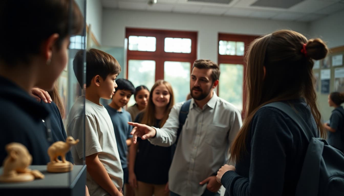 Students gathered around a museum exhibit with a teacher guide pointing at artifacts