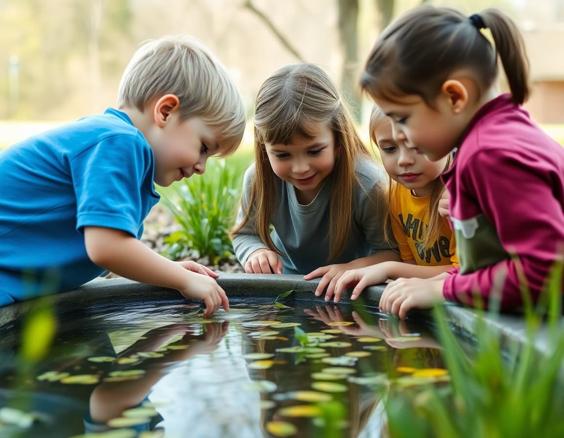 Children observing a pond ecosystem during an outdoor nature center classroom visit
