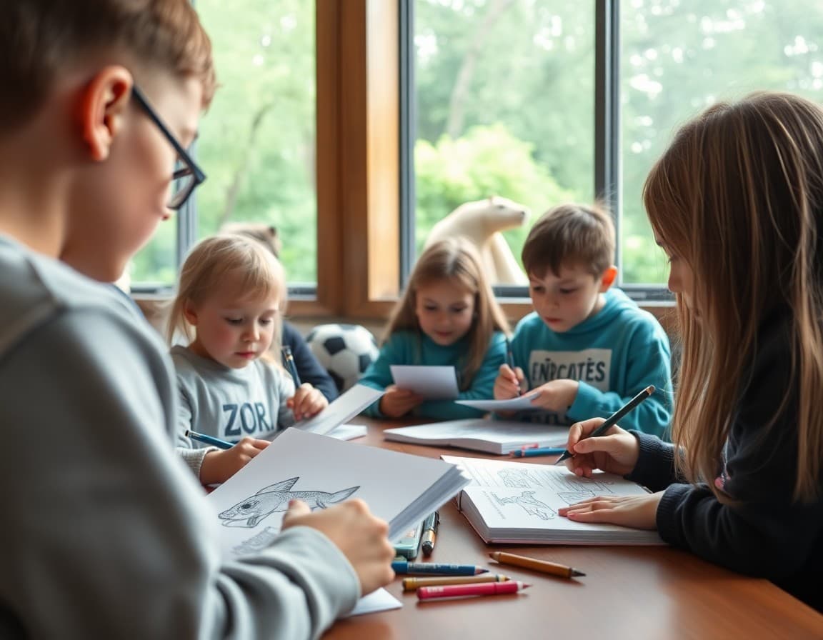 Children sketching zoo animals in science journals during a classroom field trip