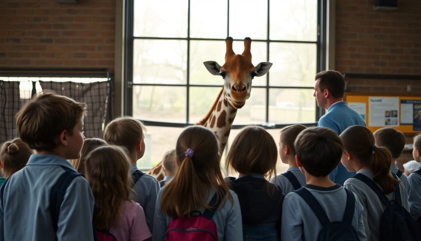 Students gathered around a zoo exhibit watching a giraffe with a teacher nearby