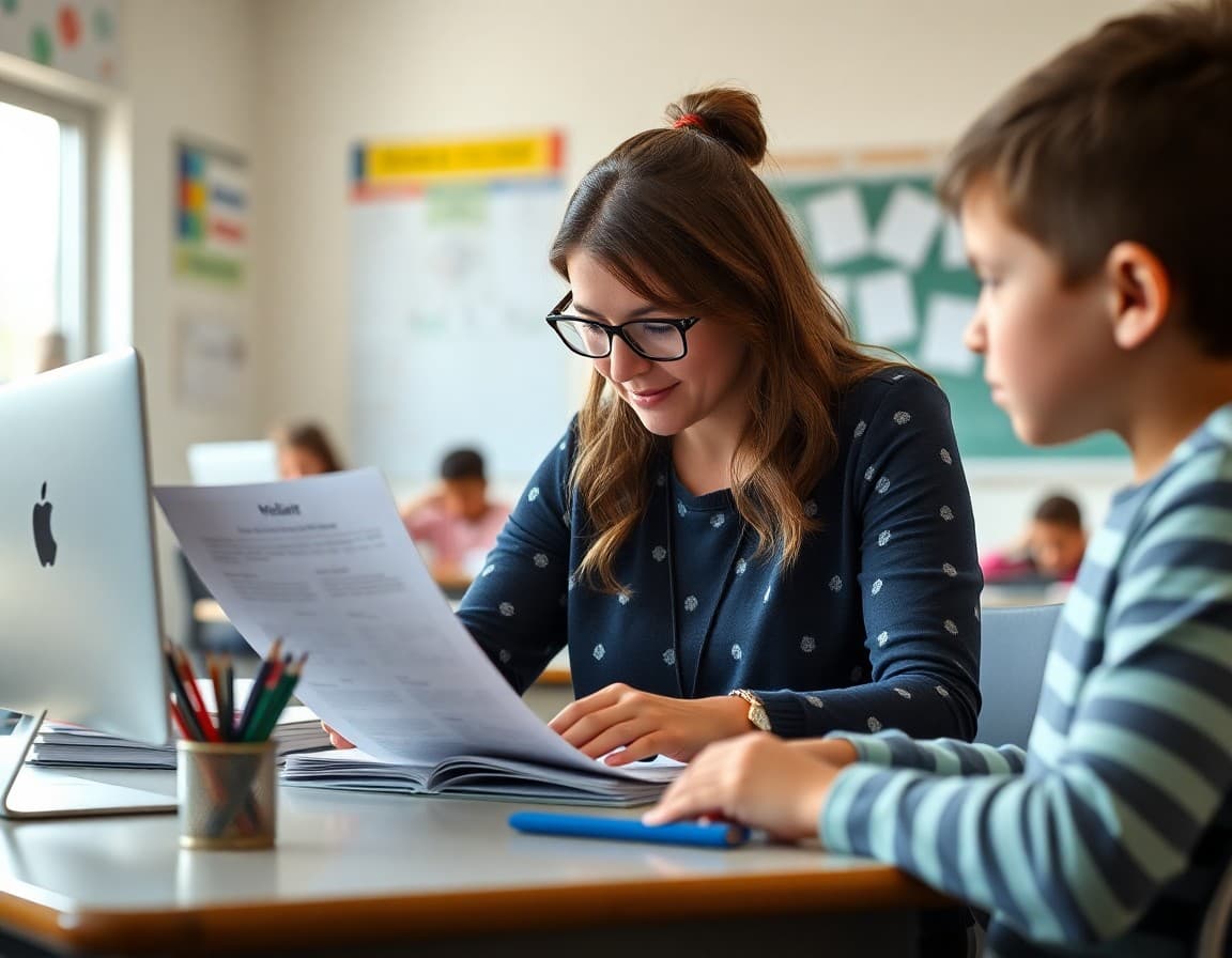 Fifth grade teacher carefully preparing class behavior update newsletter at desk