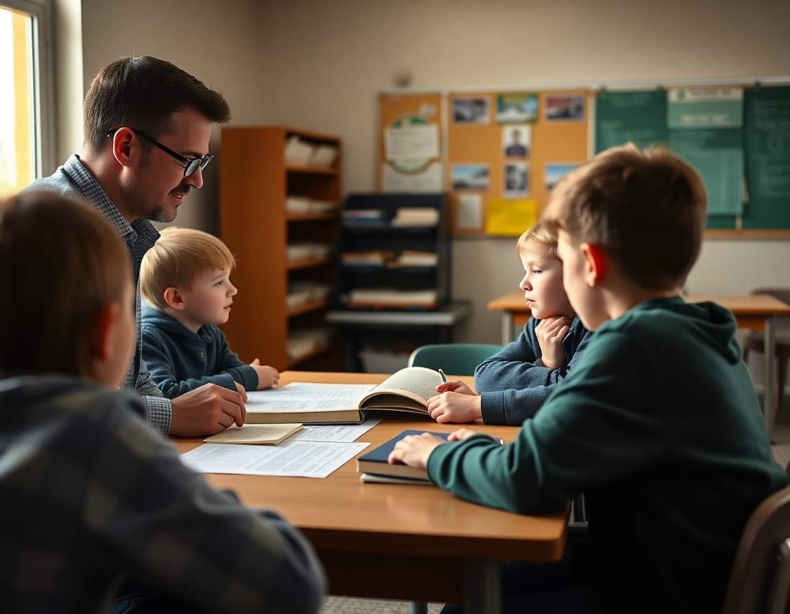 Teacher reviewing book report rubric with students at a table