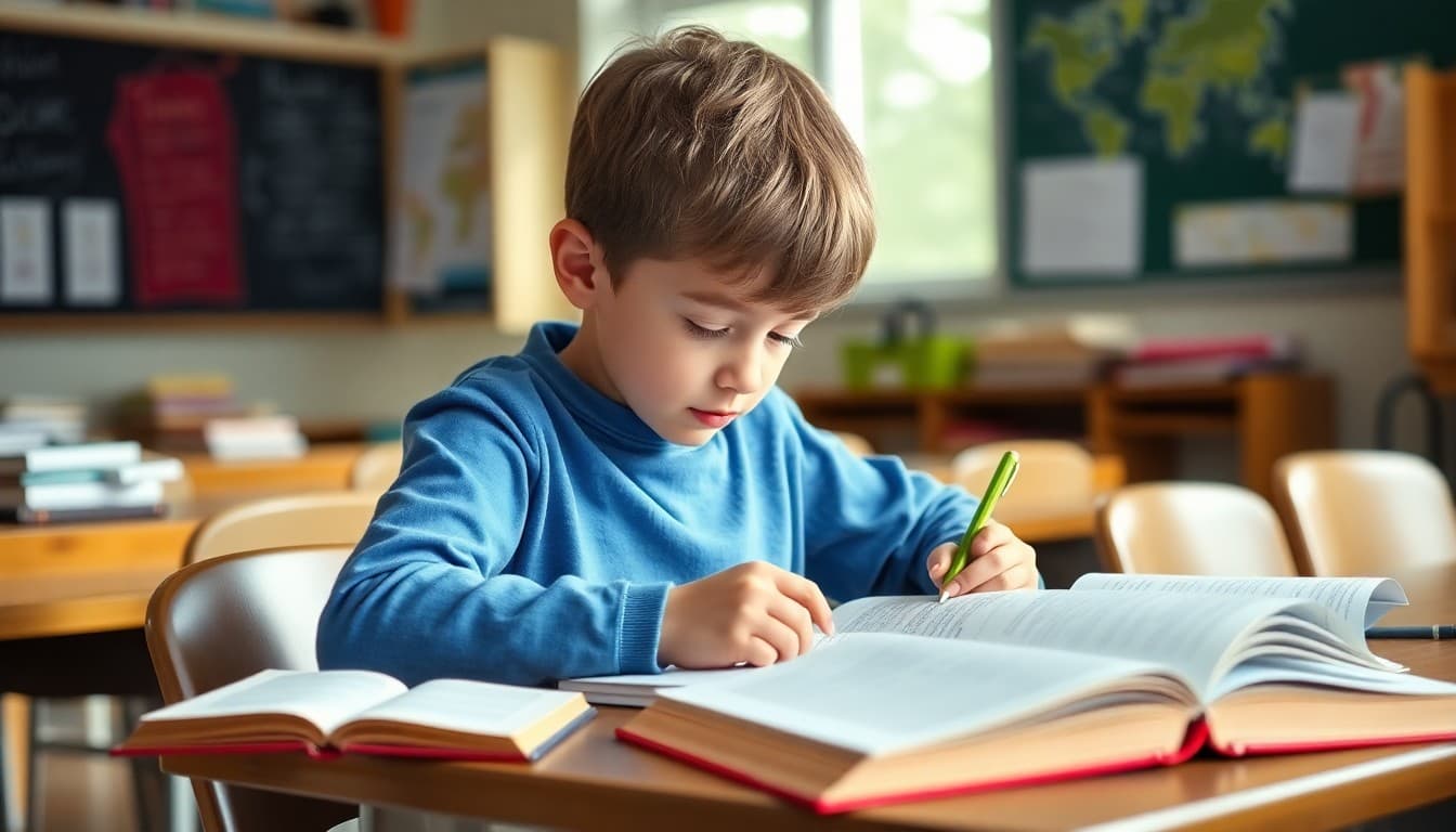 Fifth grade student writing a book report at a desk with open books nearby