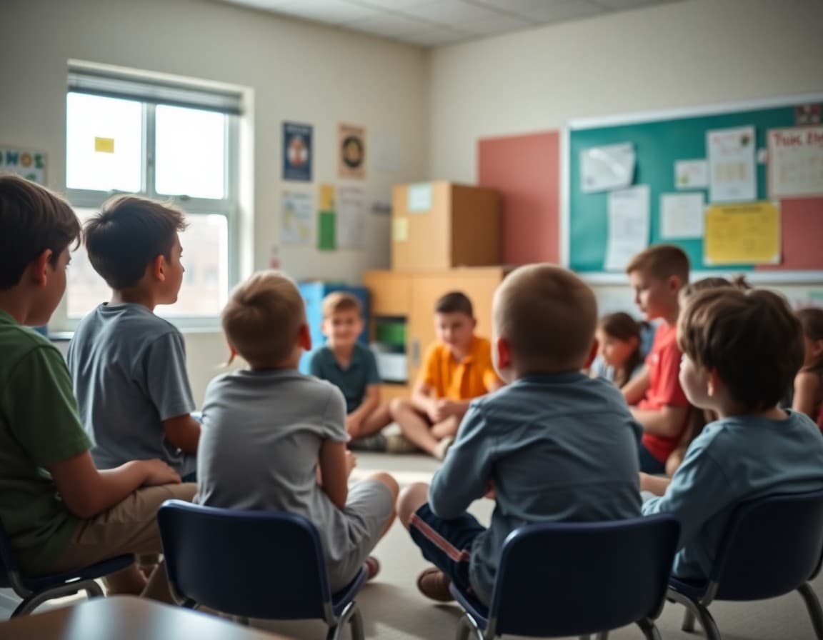 Students sitting in a circle for a class meeting in a 5th grade classroom