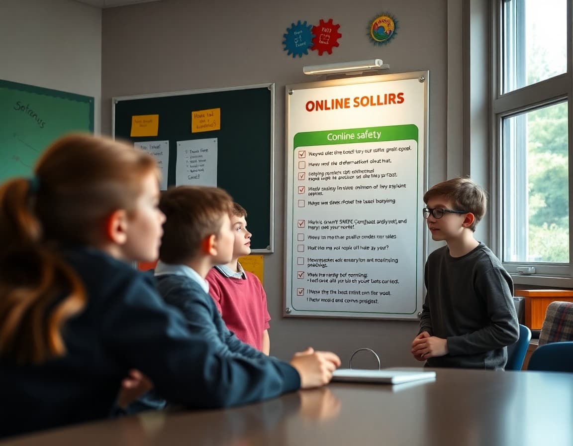 Students discussing online safety rules displayed on a classroom poster