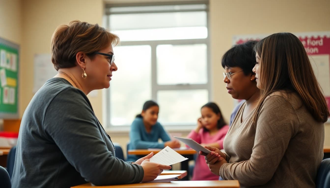 ELL teacher communicating language support services to multilingual 5th grade parents