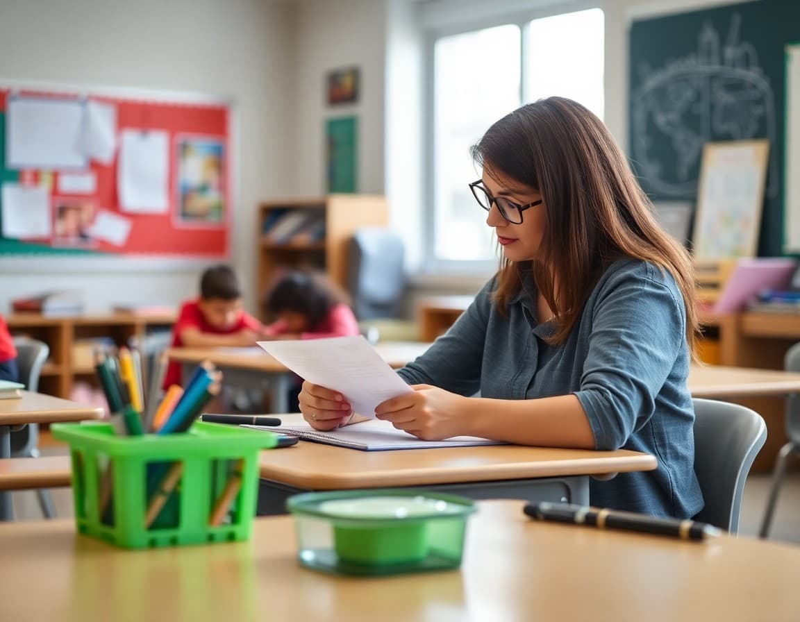 Fifth grade teacher writing homework policy newsletter for families at school desk