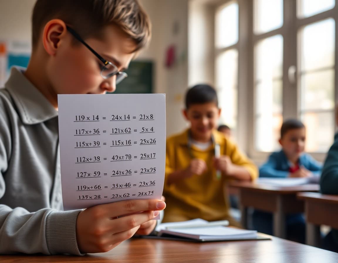 Math facts practice sheet showing multiplication and division problems