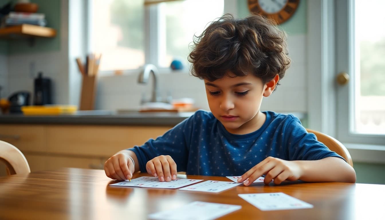 Fifth grade student practicing multiplication facts with flashcards at kitchen table