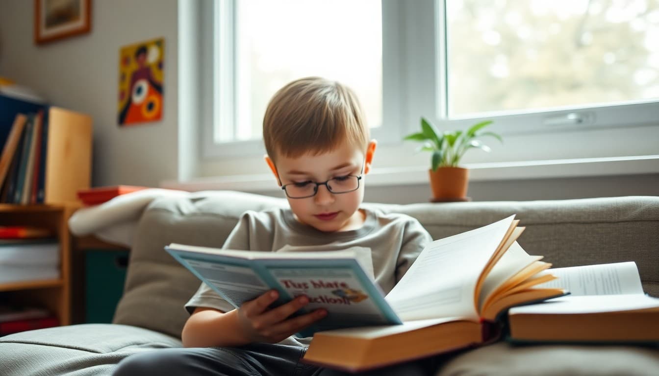 Fifth grade student reading a chapter book at home with a reading log nearby
