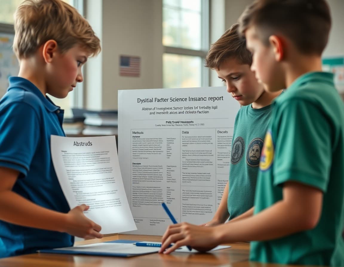 Fifth grade science fair research report with abstract, methods, data, and discussion sections