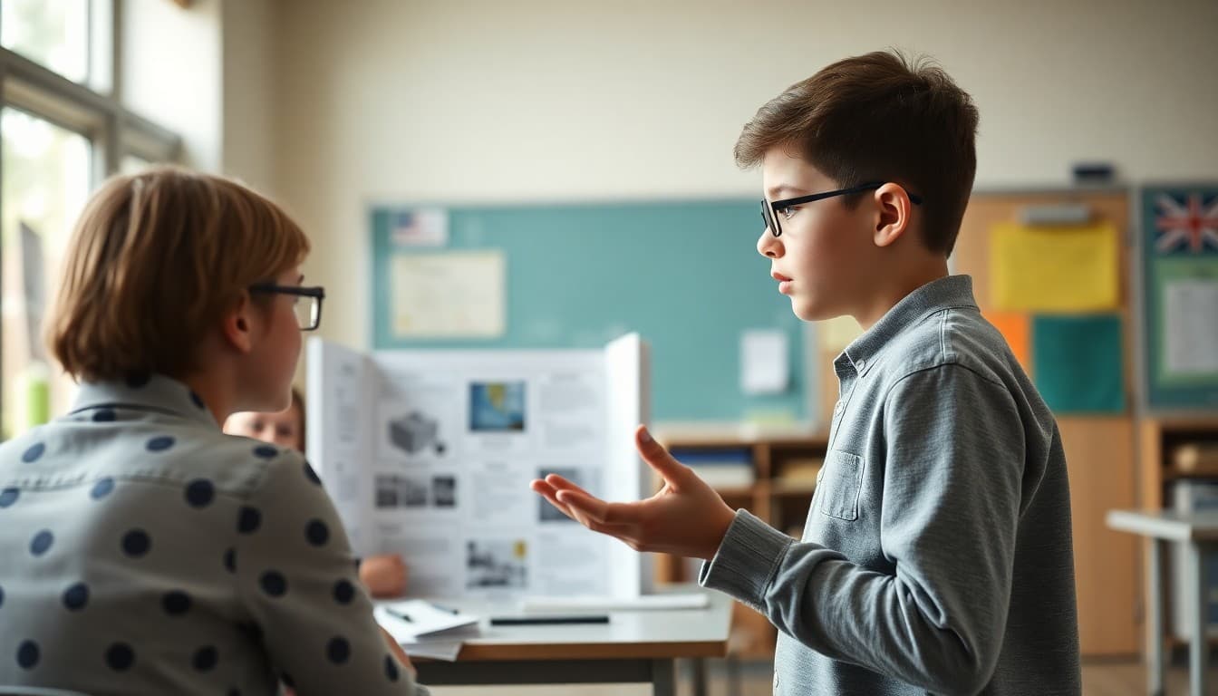 Fifth grade student presenting a detailed science fair research project to a panel of judges