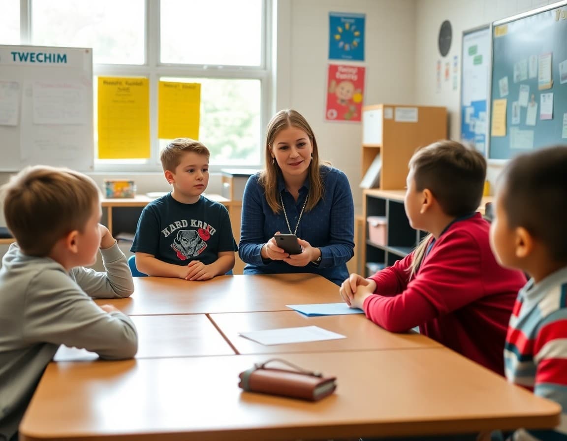 Fifth grade students practicing conflict resolution with a teacher in the classroom