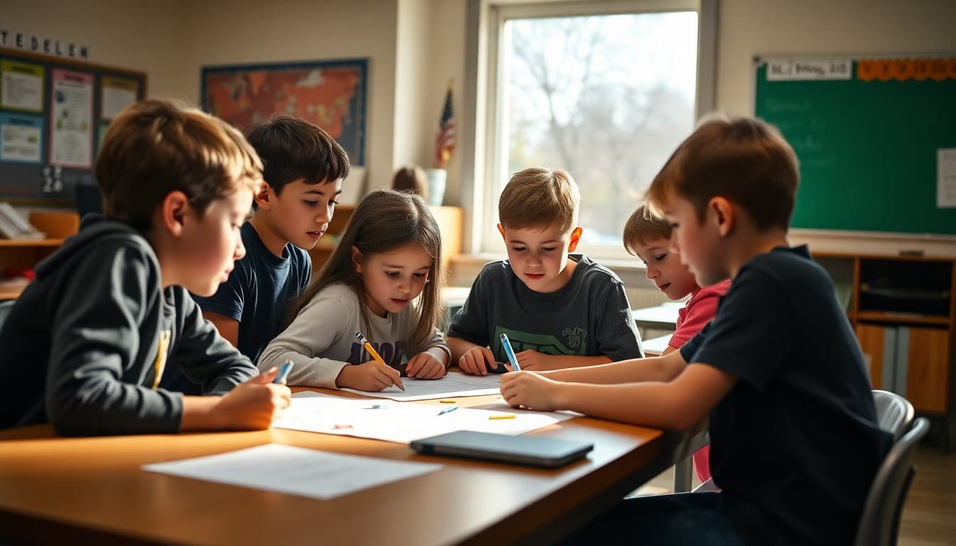Group of fifth grade students collaborating on a project together at a table
