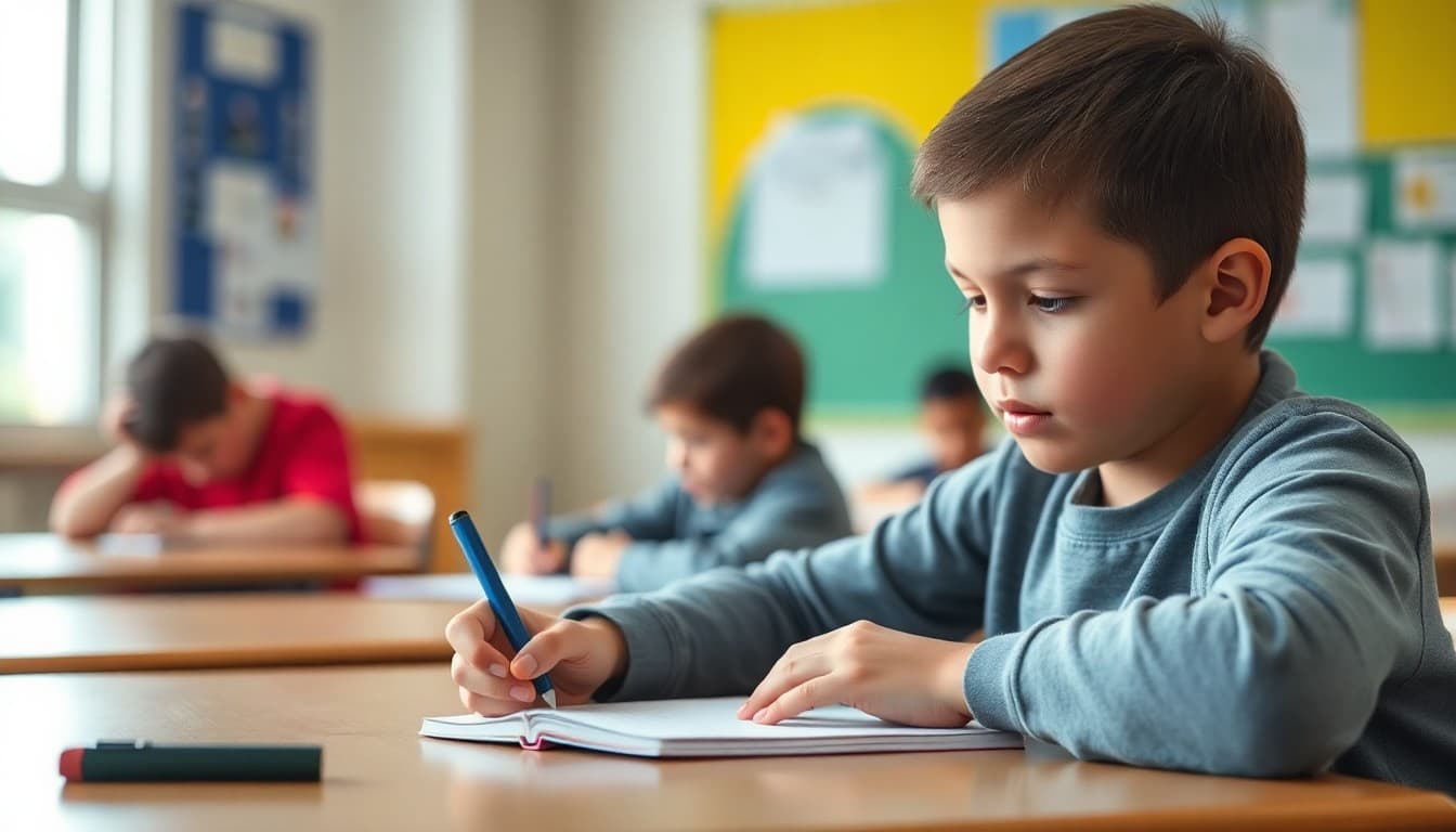 Fifth grade student writing spelling words in a notebook at a desk