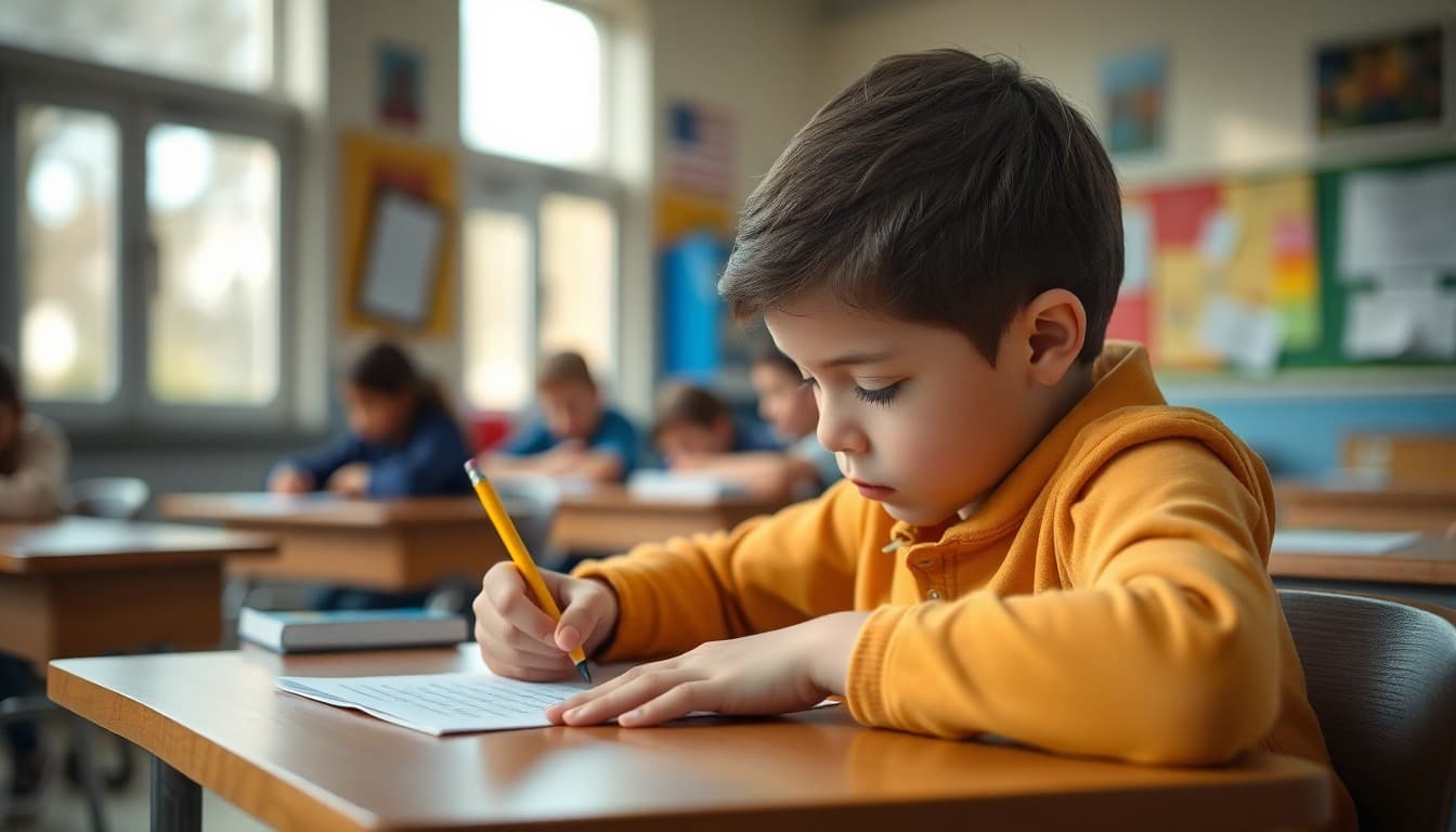Fifth grade student taking a standardized test at a desk with pencil and answer sheet