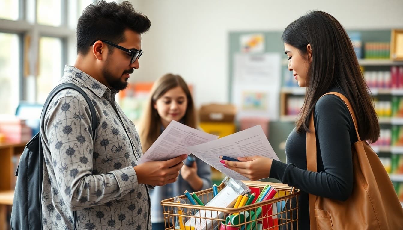 Parents shopping for 5th grade school supplies using newsletter list from teacher