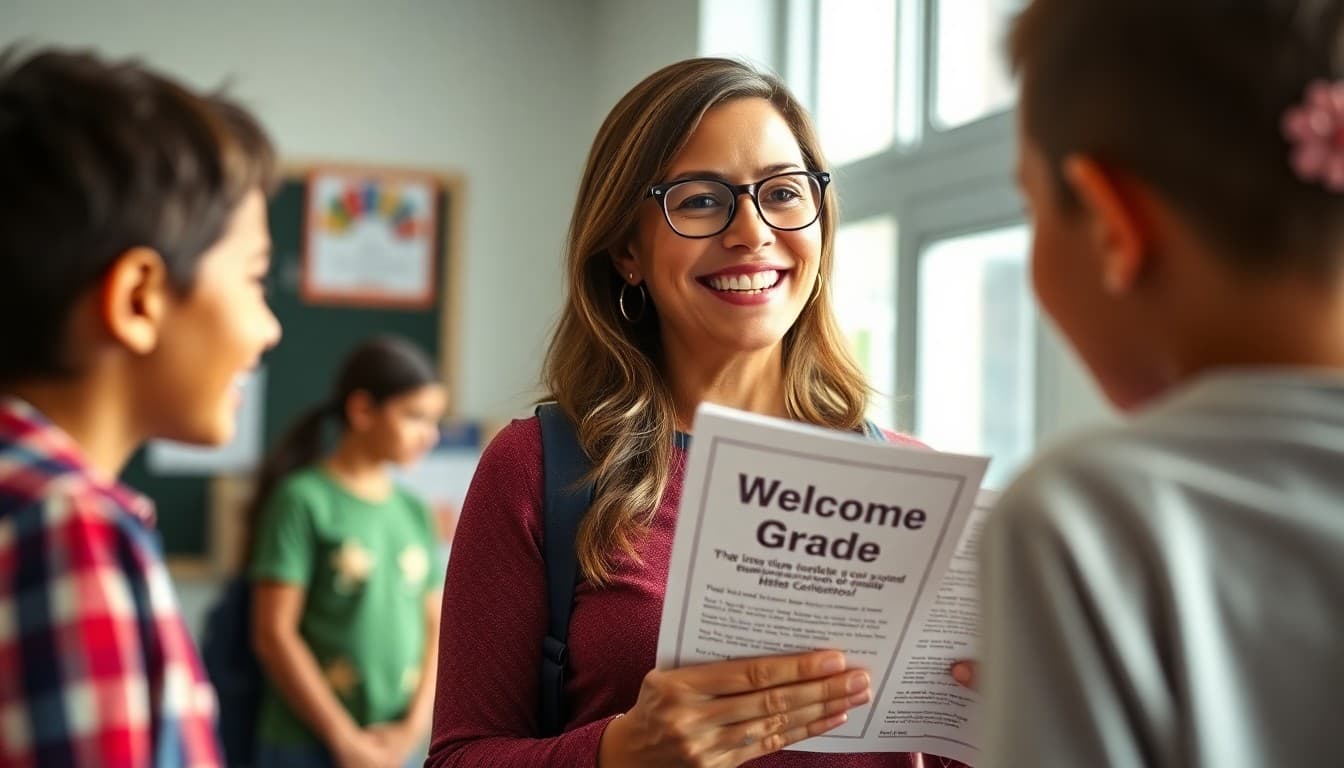 Fifth grade teacher smiling and holding a welcome newsletter at the start of the school year