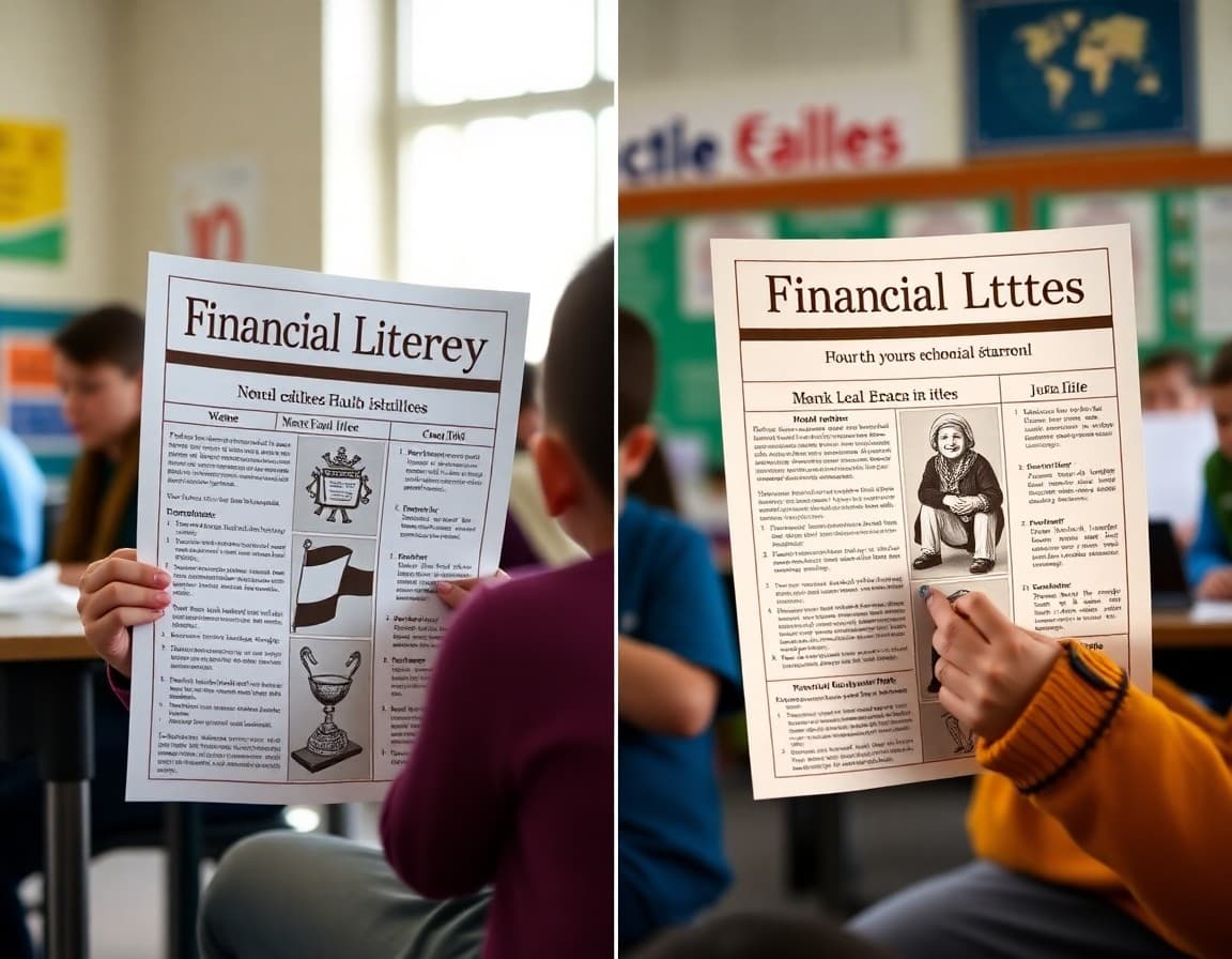 Two financial literacy newsletter examples side by side showing different 5th grade formats