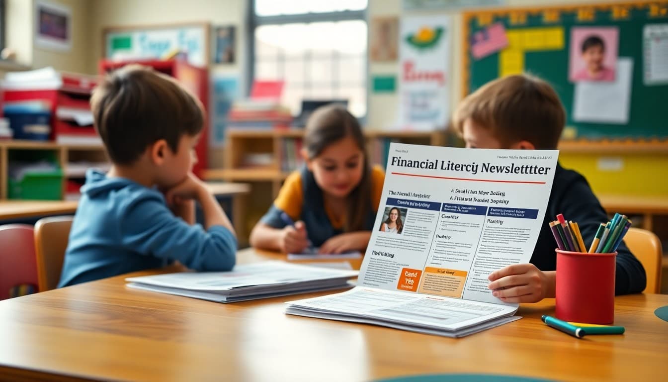 5th grade financial literacy newsletter examples printed and organized on a teacher's colorful desk