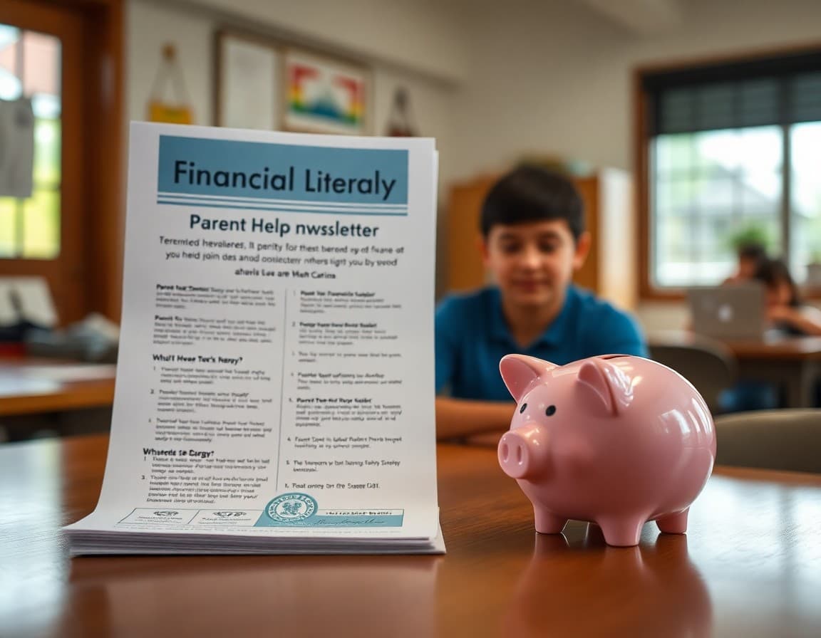 Parent help newsletter for 5th grade financial literacy beside a piggy bank on a home table
