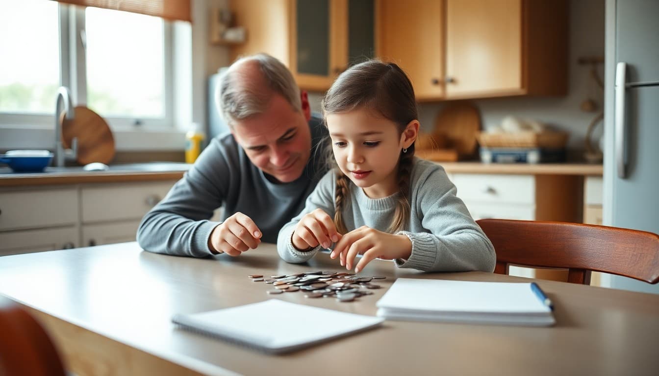 Parent and fifth grade student counting coins together at a kitchen table with a notebook nearby