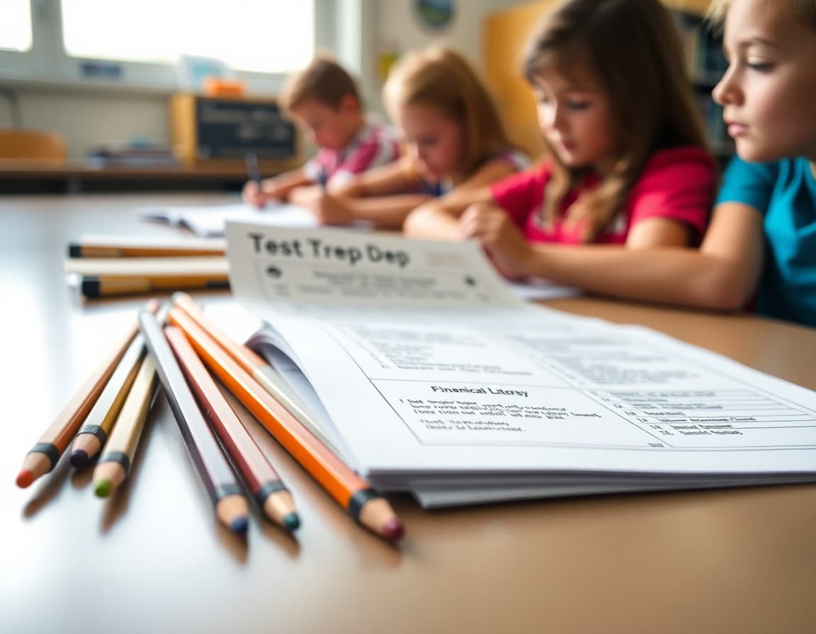 Test prep newsletter for 5th grade financial literacy beside pencils and a worksheet on a desk