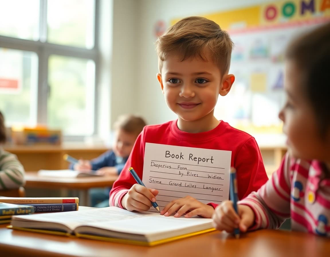 Completed first grade book report template with drawing, title, and student writing