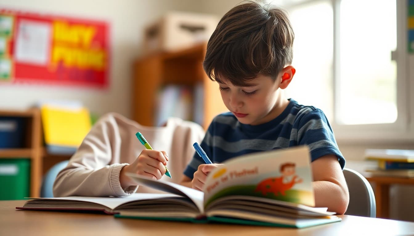 First grade student writing in a book response journal with a picture book open beside them