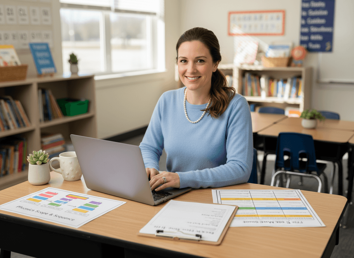 First grade teacher preparing a curriculum overview newsletter with a phonics scope and sequence, a math standards chart, and a back-to-school supply list beside the laptop