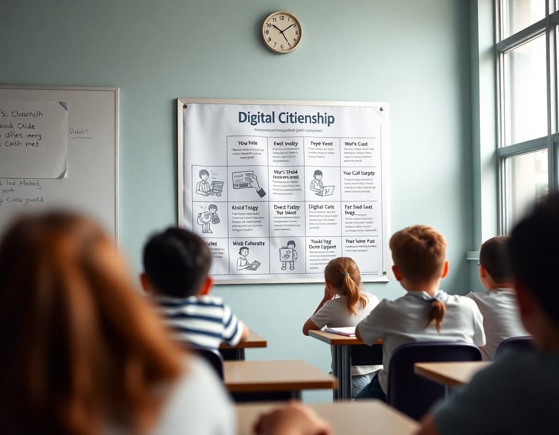 Digital citizenship poster on a classroom wall showing kind online behavior examples