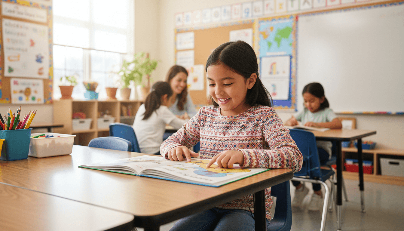 First grade student reading a bilingual book at a classroom table