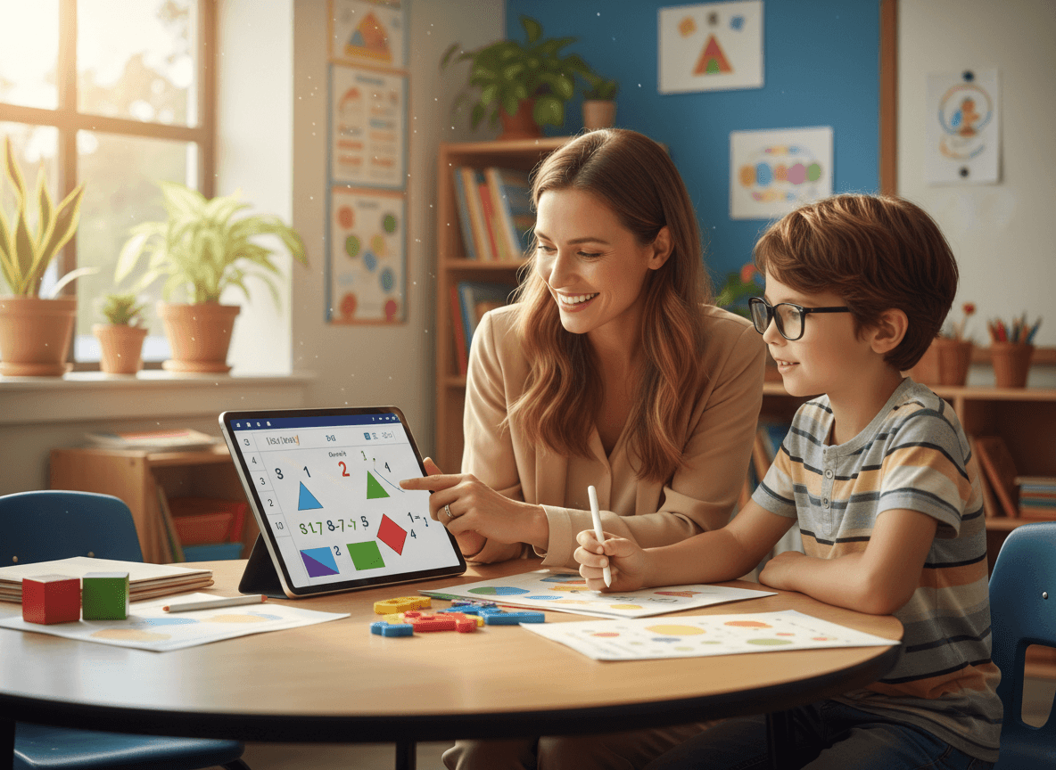 Teacher reviewing a math challenge with a gifted first grade student