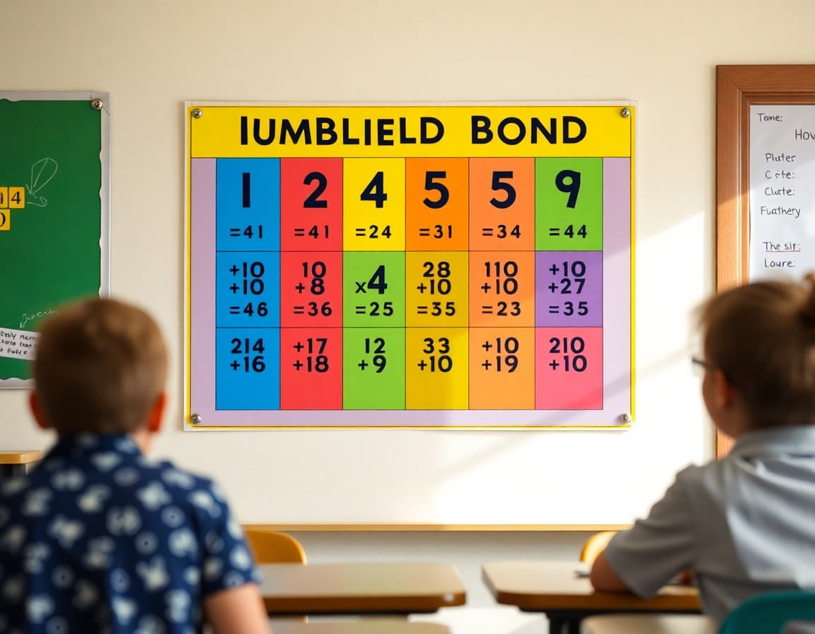 Colorful number bond poster showing addition combinations up to ten on a classroom wall