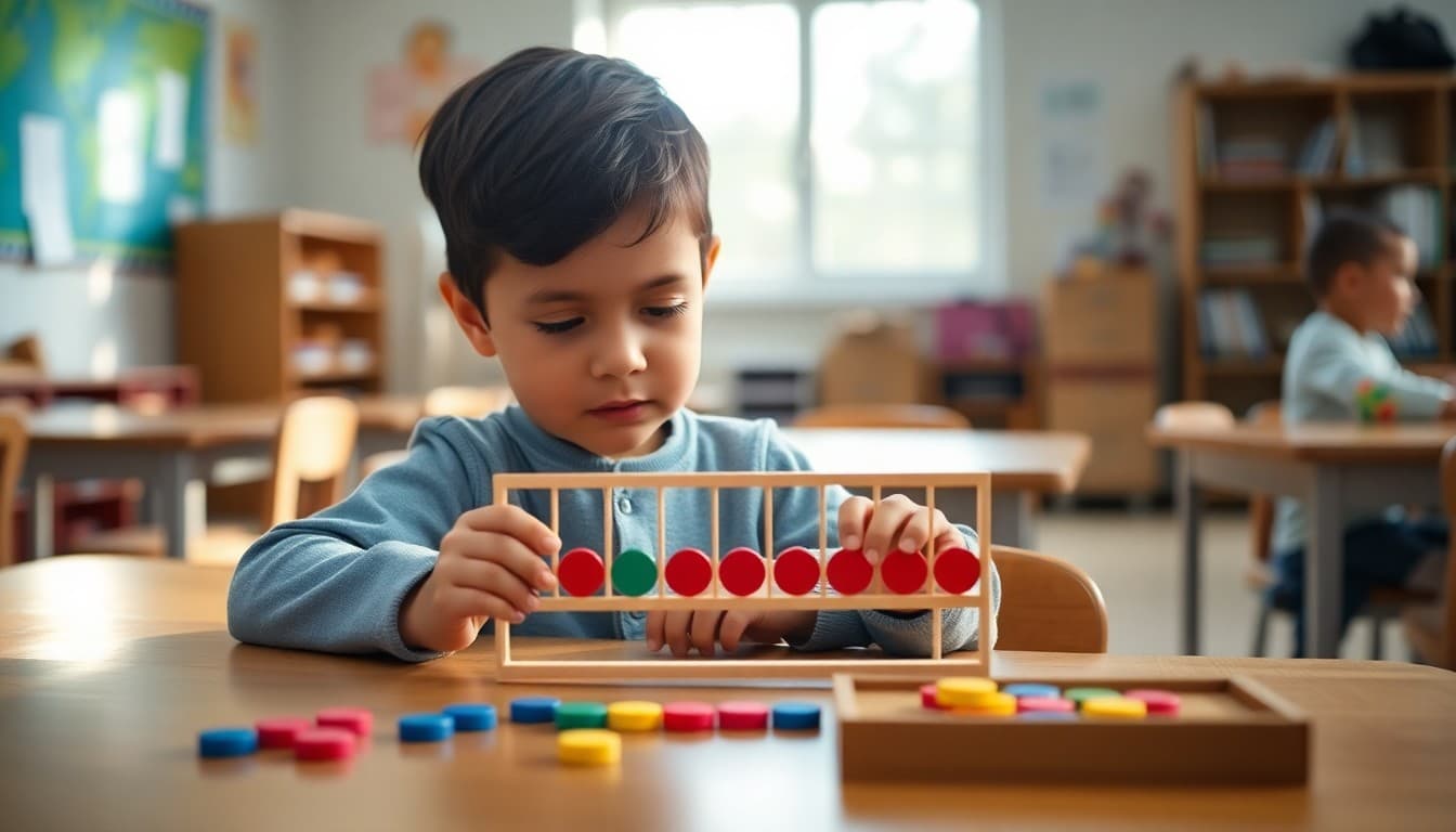 First grader practicing addition with a ten frame and counters on a table