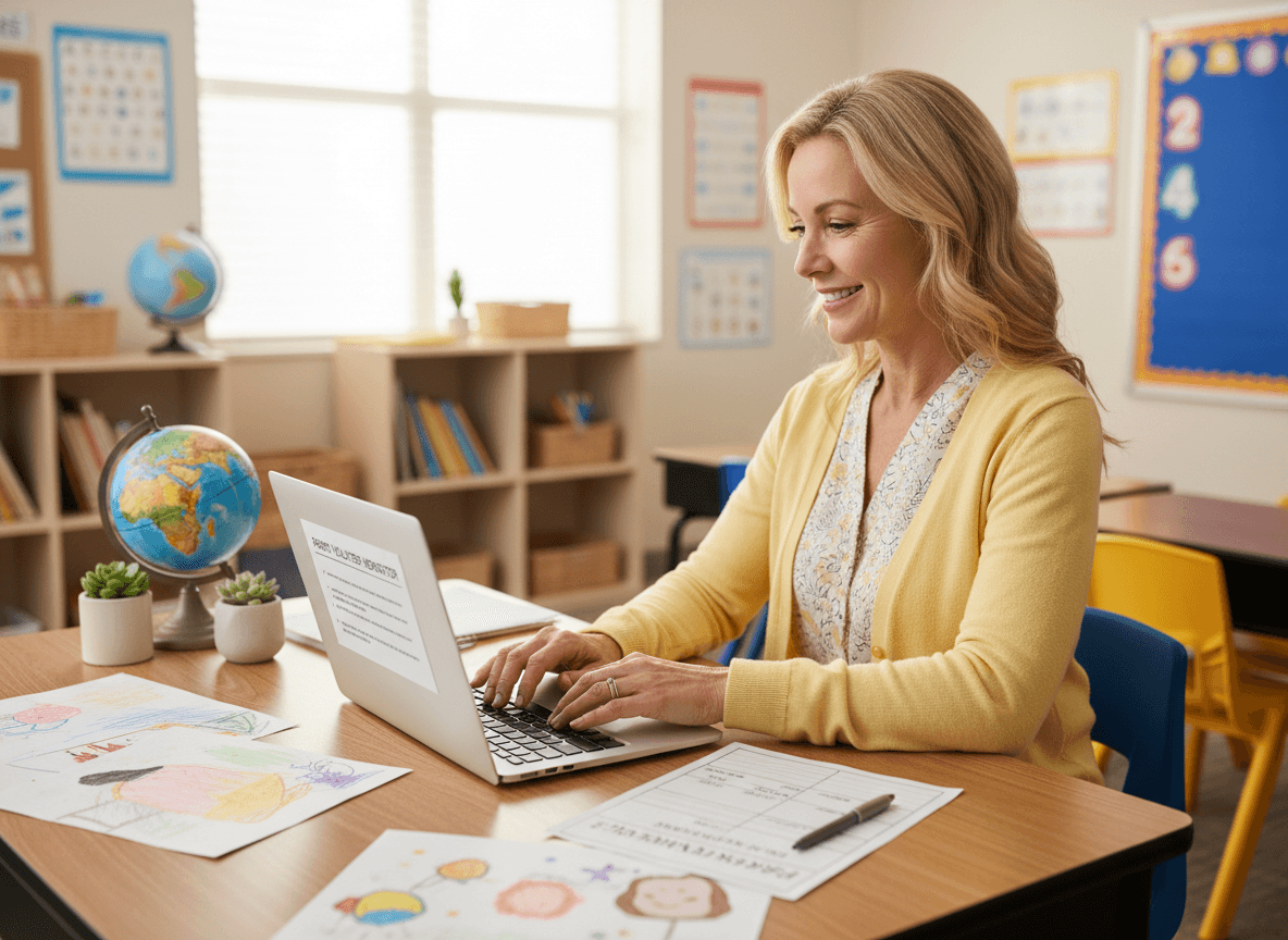 First grade teacher writing a parent volunteer newsletter with a sign-up sheet for reading helpers and field trip chaperones beside the laptop