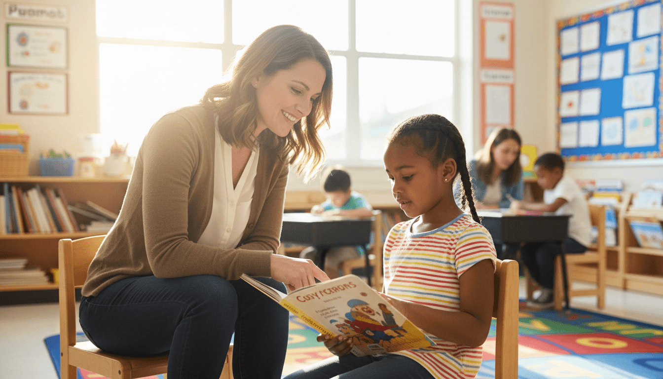 Parent volunteer sitting beside a first grade student and listening to them read aloud from a book in a bright classroom