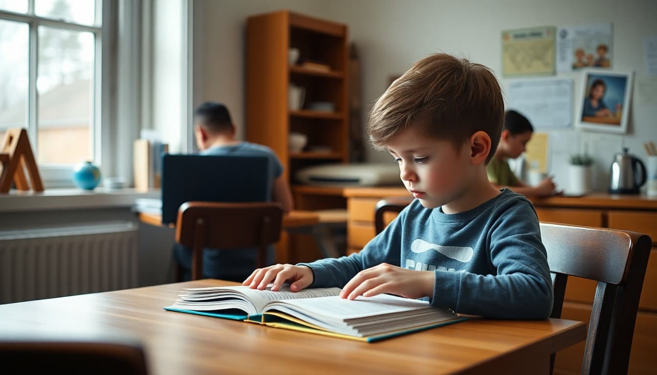 First grader reading a book independently at a kitchen table while a parent works nearby