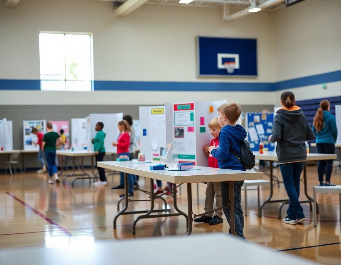 Row of first grade science fair displays on tables in a school gymnasium
