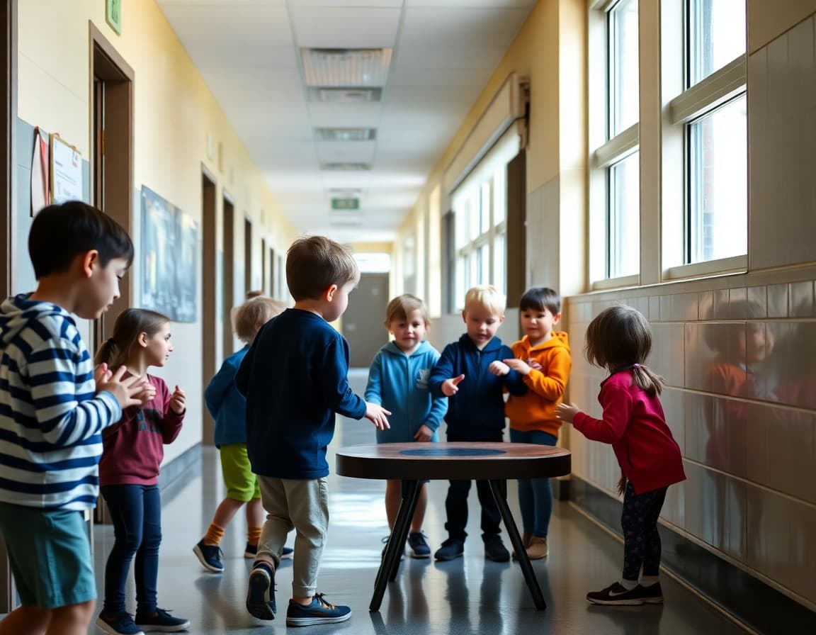 First grade students playing a cooperative game in a school hallway during break
