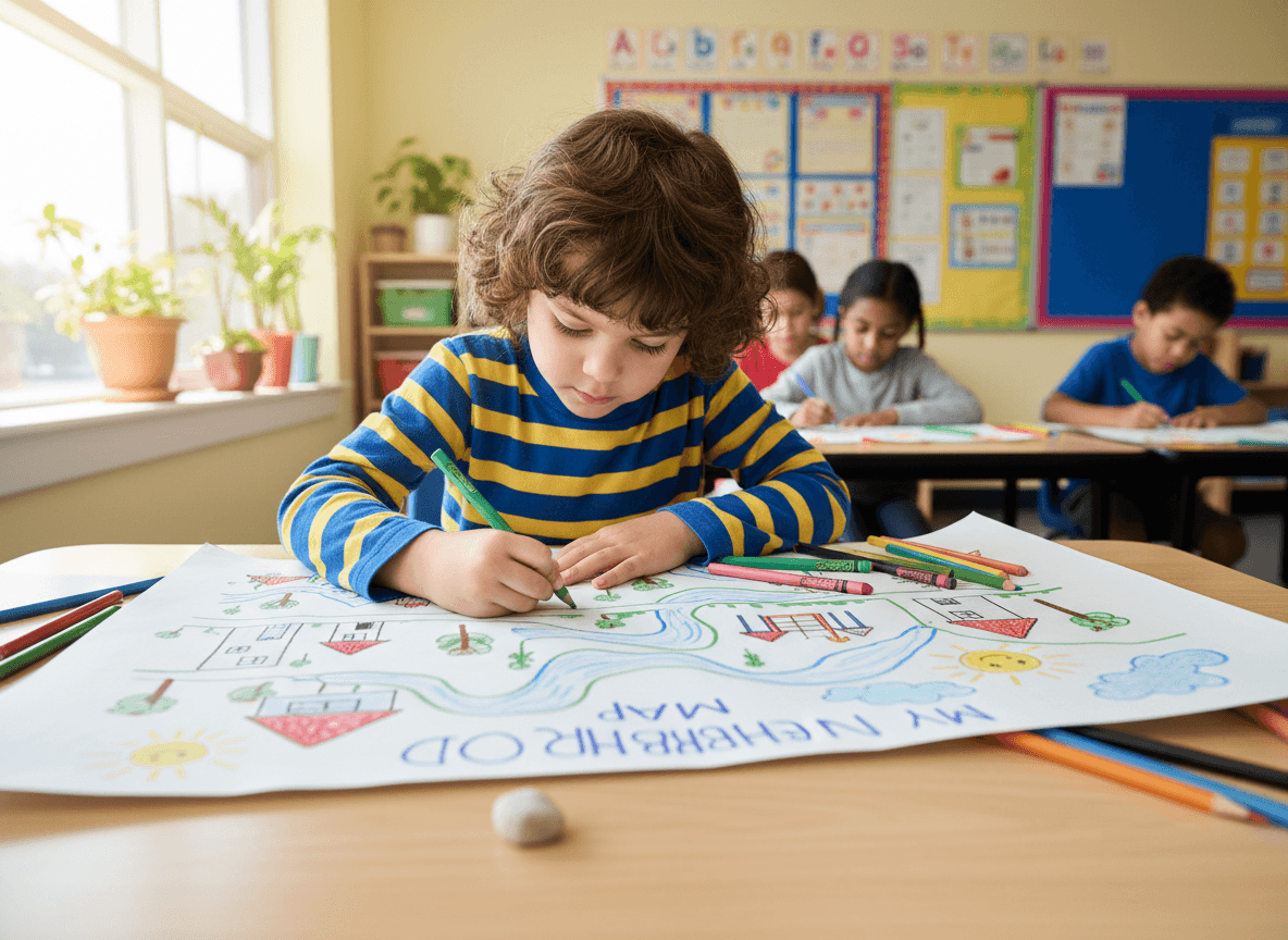 Child drawing a map of their neighborhood for a first grade social studies project