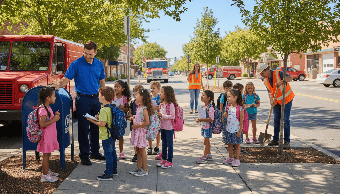 First grade students on a community walk observing neighborhood helpers