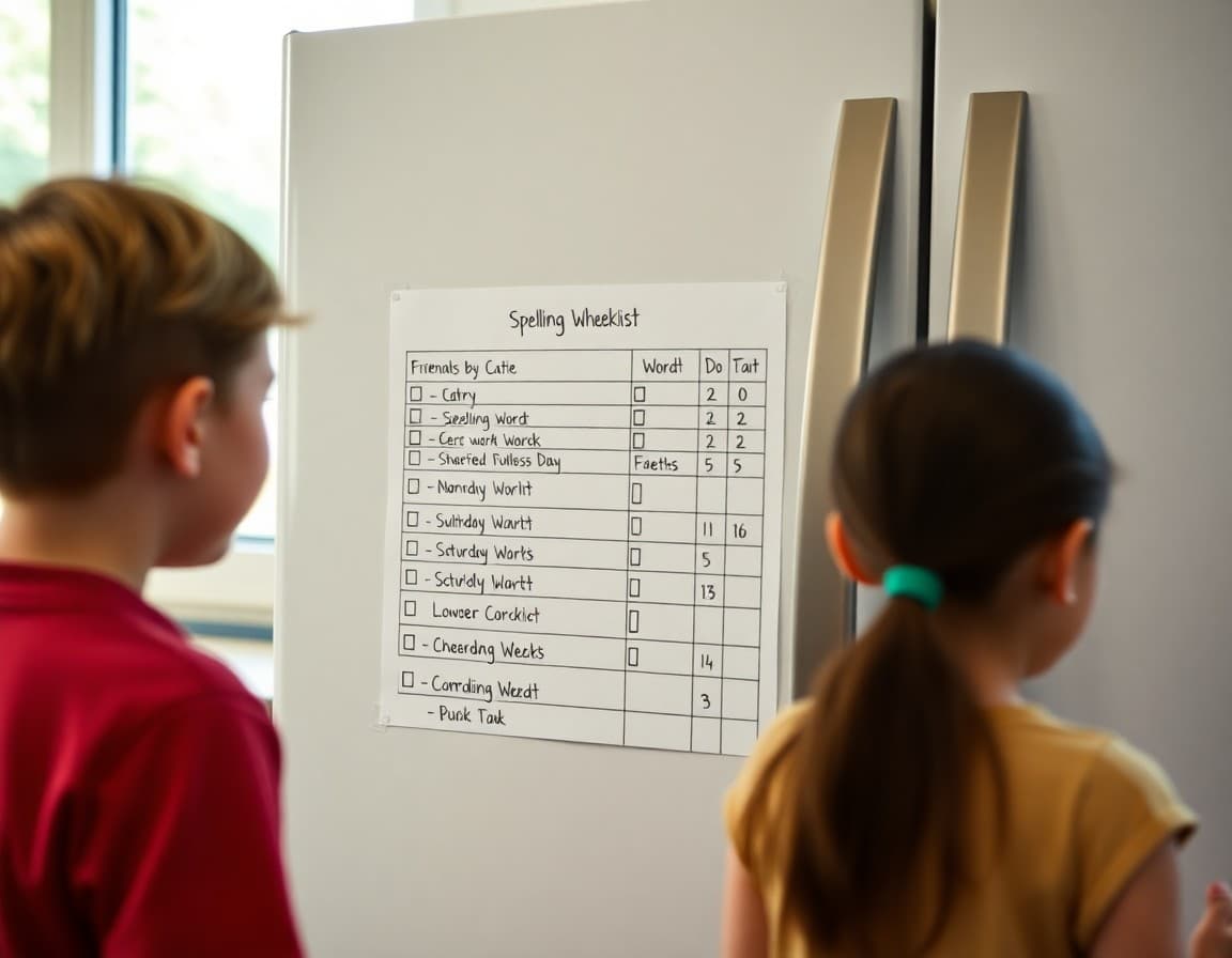 Weekly spelling word list with activity checklist displayed on a refrigerator