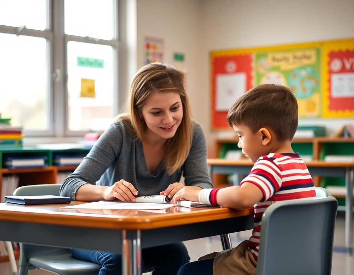 Teacher working one-on-one with a first grader at a reading assessment table