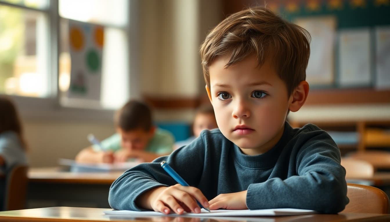 First grade student sitting at a desk working on an assessment with a focused expression