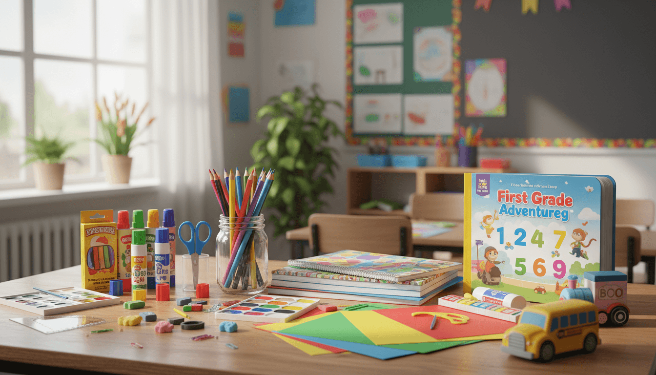 Colorful school supplies laid out on a table for first grade