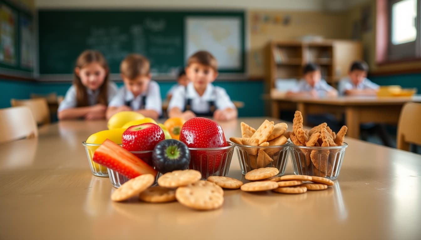 Safe snack options including fruit and crackers displayed on a school table
